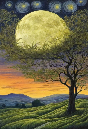 moonlit night,celtic tree,hanging moon,night scene,spring equinox,mother earth,herfstanemoon,moonrise,vincent van gough,blue moon,moonlit,starry night,lunar landscape,fantasy picture,phase of the moon,moon valley,full moon,moonbeam,full moon day,landscape background