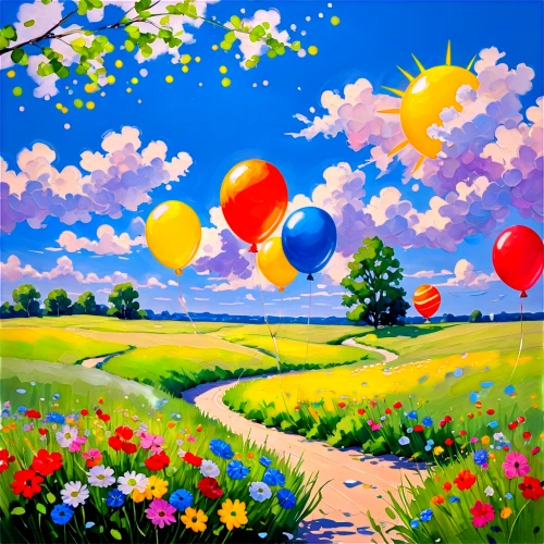 colorful balloons,hot-air-balloon-valley-sky,rainbow color balloons,hot air balloons,balloons flying,baloons,balloon trip,balloons,ballooning,balloon,springtime background,red balloons,flower painting,pink balloons,little girl with balloons,corner balloons,oil painting on canvas,meadow landscape,landscape background,red balloon,Conceptual Art,Oil color,Oil Color 10