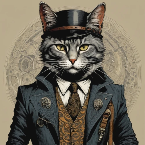 aristocrat,inspector,steampunk,watchmaker,cat sparrow,gentlemanly,civil servant,vintage cat,ringmaster,cat vector,conductor,businessman,white-collar worker,cat image,gentleman icons,cat portrait,chasseur,businessperson,whiskered,banker,Illustration,Black and White,Black and White 01