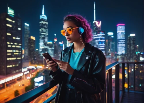 woman holding a smartphone,woman eating apple,cyberpunk,women in technology,social media addiction,cyber glasses,spotify icon,blogger icon,cellular phone,colorful city,phone icon,on the phone,city lights,viewphone,photo session at night,city ​​portrait,text message,neon human resources,a girl with a camera,blogs music,Art,Classical Oil Painting,Classical Oil Painting 41