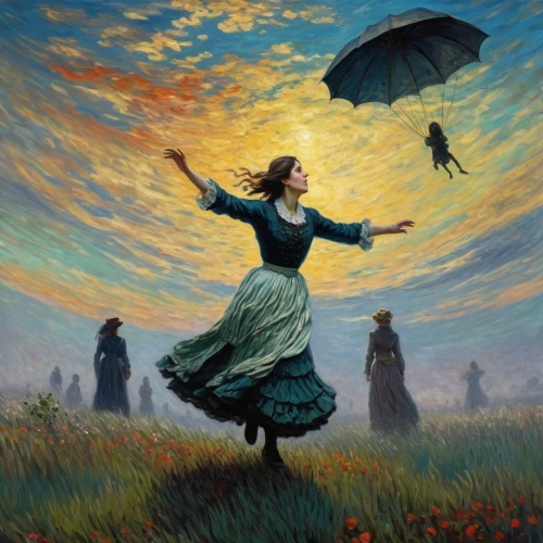 mary poppins,flying dandelions,gone with the wind,little girl in wind,dance of death,flying girl,flying seeds,flying seed,fairies aloft,fantasy picture,leap for joy,chasing butterflies,whirling,murder of crows,fly a kite,sound of music,pilgrim,flying disc,kite flyer,angel moroni,Art,Artistic Painting,Artistic Painting 04