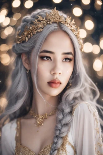 white rose snow queen,fantasy portrait,fairy tale character,fairy queen,the snow queen,mystical portrait of a girl,diadem,fantasy picture,romantic portrait,faery,white lady,fantasy art,cinderella,gold filigree,filigree,elven,portrait background,golden crown,silver wedding,romantic look,Photography,Natural