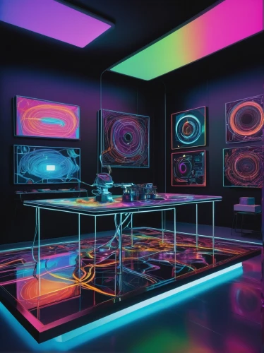 ufo interior,neon coffee,neon lights,80's design,neon light,neon cocktails,neon candies,neon,computer room,neon drinks,sound space,80s,futuristic art museum,neon ghosts,neon tea,game room,colored lights,laboratory,neon colors,disco,Art,Artistic Painting,Artistic Painting 22