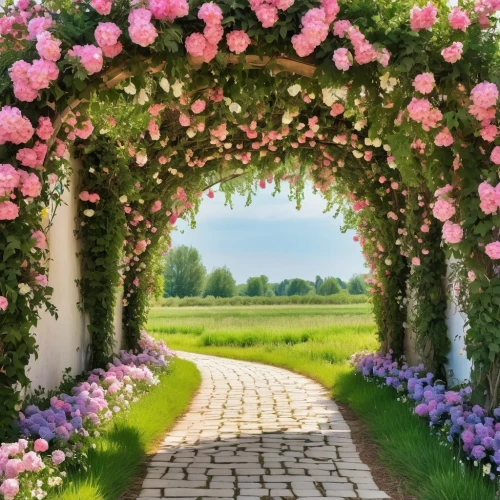 rose arch,flower background,tunnel of plants,floral border,spring background,way of the roses,summer border,flower garden,hydrangeas,flower border,to the garden,blooming wreath,floral background,springtime background,pathway,splendor of flowers,wreath of flowers,rose garden,garden door,flower wall en,Photography,General,Realistic