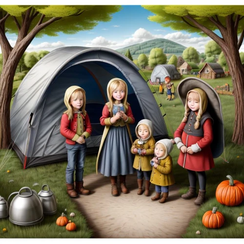 autumn camper,arrowroot family,campground,campsite,camping,kids illustration,children's background,tourist camp,gypsy tent,nomadic children,tent camp,mulberry family,doll's festival,camping tipi,harvest festival,halloween travel trailer,tent at woolly hollow,children's fairy tale,glamping,camping tents