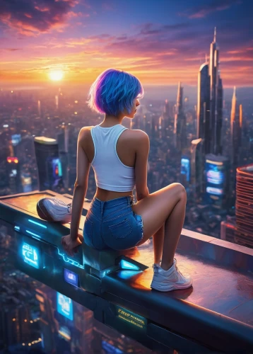 above the city,cyberpunk,rooftop,pixie-bob,rooftops,futuristic,on the roof,sky apartment,cityscape,city view,with a view,city lights,metropolis,dusk background,skyline,world digital painting,cg artwork,blue hour,city panorama,perched,Photography,General,Cinematic