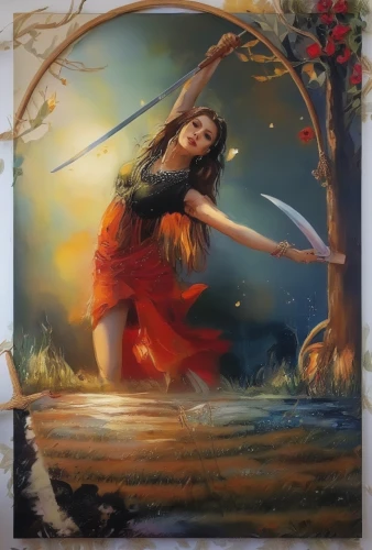 woman playing violin,woman playing,janmastami,lindsey stirling,violin woman,fantasy picture,rusalka,oil painting on canvas,fae,throwing leaves,saraswati veena,radha,woman at the well,bansuri,khokhloma painting,violinist,bamboo flute,glass painting,fantasy art,rosa ' amber cover,Illustration,Paper based,Paper Based 04