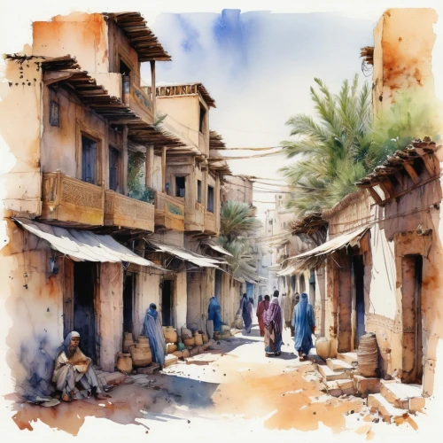 nizwa souq,souq,souk,stone town,nizwa,marrakech,watercolor painting,watercolor shops,medina,street scene,essaouira,jaisalmer,riad,watercolor,qasr al watan,zagora,karnak,marrakesh,rajasthan,merzouga,Illustration,Paper based,Paper Based 13