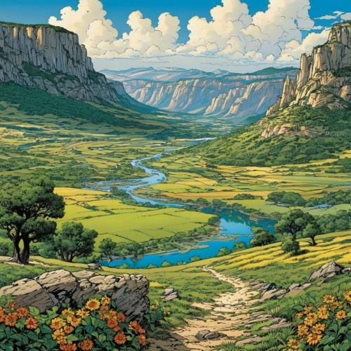 the valley of the,valley,mountain landscape,mountain valley,mountain plateau,mountain pasture,mountainous landscape,karst landscape,the landscape of the mountains,mountain valleys,nature landscape,beautiful landscape,mountain scene,catarpe valley,river landscape,meadow landscape,salt meadow landscape,mountain meadow,green valley,panoramic landscape,Illustration,American Style,American Style 04