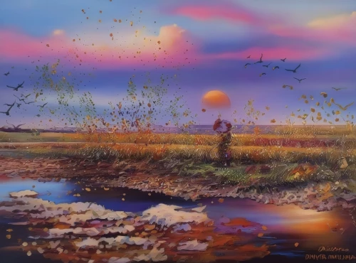 meadow in pastel,dandelion field,flying dandelions,autumn landscape,dandelion meadow,oil painting on canvas,hot air balloons,hot-air-balloon-valley-sky,little girl with balloons,dandelion flying,mushroom landscape,art painting,oil painting,autumn background,glass painting,mumuration,photo painting,hot air balloon,ballooning,watercolor background,Illustration,Paper based,Paper Based 04