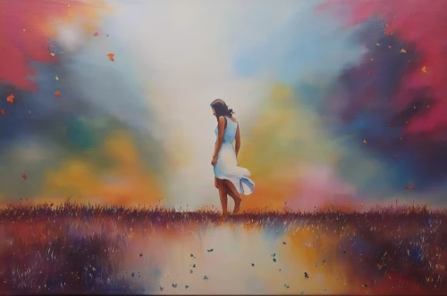 oil painting on canvas,art painting,dance with canvases,oil painting,girl in a long,girl walking away,oil on canvas,inner light,woman walking,guiding light,light bearer,light of art,mystical portrait of a girl,boho art,praying woman,girl praying,oils,painting technique,sacred art,the pillar of light,Illustration,Paper based,Paper Based 04