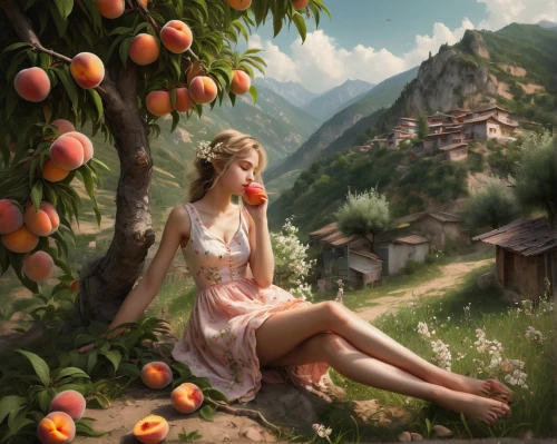 girl picking apples,apricot,peach tree,apricots,apple mountain,peach,woman eating apple,orange tree,oranges,peach color,apple harvest,rapunzel,persimmon tree,apple tree,vineyard peach,idyllic,orchard,picking apple,apple orchard,jessamine,Conceptual Art,Fantasy,Fantasy 11