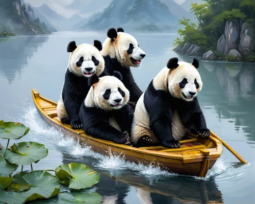 canoeing,pandas,chinese panda,canoes,giant panda,dragon boat,paddling,panda,long-tail boat,paddle boat,hanging panda,raft,pedal boats,taxi boat,boat landscape,fishing float,kayaking,family outing,panda bear,picnic boat,Conceptual Art,Fantasy,Fantasy 18