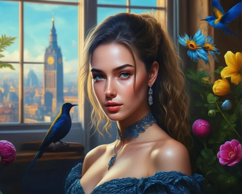 fantasy portrait,romantic portrait,world digital painting,fantasy art,fantasy picture,portrait background,blue rose,digital painting,cinderella,yellow rose background,art painting,gothic portrait,beautiful girl with flowers,romantic look,blue hydrangea,photo painting,oil painting on canvas,city ​​portrait,with roses,vanessa (butterfly),Photography,General,Realistic