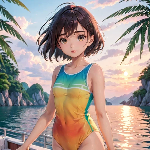 one-piece swimsuit,sanya,summer background,beach background,summer swimsuit,ocean,aloha,swimsuit,colorful background,asia,tropical sea,at sea,mai tai,beach scenery,colorful water,honolulu,芦ﾉ湖,tankini,palm trees,sea,Anime,Anime,Traditional