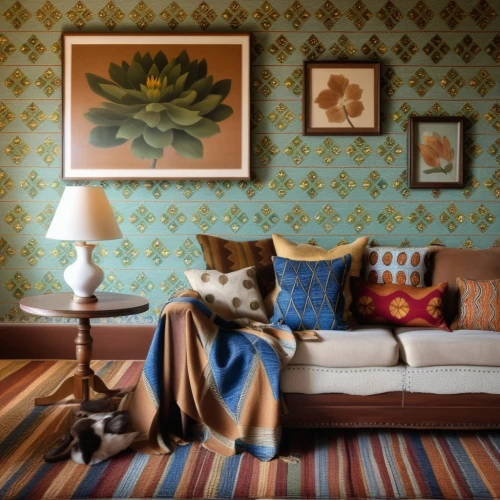 yellow wallpaper,moroccan pattern,the living room of a photographer,woman on bed,vintage wallpaper,sitting room,boho art,interior decor,slipcover,mid century sofa,sofa,persian norooz,interior decoration,settee,geometric pattern,patterned wood decoration,sofa cushions,blue pillow,chaise lounge,background pattern,Photography,General,Realistic