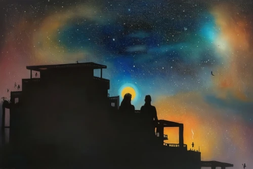 astronomer,observatory,astronomers,watchtower,telescope,astronomy,stargazing,the night sky,beacon,aurora,night scene,silo,house silhouette,night sky,skywatch,starscape,chimney,telescopes,starry sky,lighthouse,Illustration,Paper based,Paper Based 04