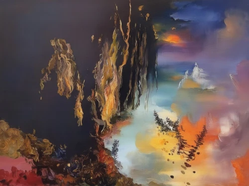 volcanic landscape,chasm,fire mountain,volcano,volcanism,abstract painting,pillars of creation,volcanic,eruption,solomon's plume,matruschka,flaming mountains,zao,ervin hervé-lóránth,pillar of fire,volcanic field,fire in the mountains,lava,yellow mountains,vesuvius,Illustration,Paper based,Paper Based 04