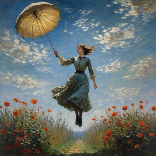 mary poppins,flying dandelions,little girl in wind,flying girl,flying seed,falling flowers,flying seeds,little girl with balloons,little girl with umbrella,way of the roses,fairies aloft,leap for joy,girl picking flowers,girl in flowers,parasol,girl in the garden,summer umbrella,cosmos wind,parachute fly,blooming field,Art,Artistic Painting,Artistic Painting 04