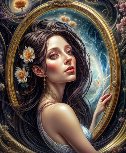 mystical portrait of a girl,fantasy portrait,fantasy art,mirror of souls,romantic portrait,jasmine blossom,mirror in the meadow,girl in a wreath,girl in flowers,faery,boho art,wreath of flowers,floral frame,magic mirror,the enchantress,flora,rosa 'the fairy,faerie,elven flower,star magnolia