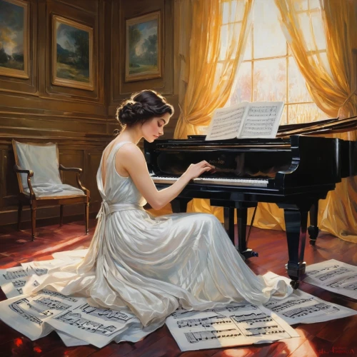 pianist,concerto for piano,woman playing,piano player,piano lesson,classical,harpist,serenade,piano,woman playing violin,piano notes,piano books,steinway,the piano,art painting,chopin,oil painting,grand piano,classical music,oil painting on canvas,Conceptual Art,Oil color,Oil Color 19