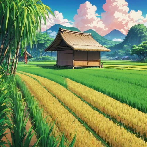 ricefield,rice field,rice fields,yamada's rice fields,the rice field,farm background,studio ghibli,landscape background,rice terrace,rural landscape,wheat field,cartoon video game background,rice paddies,japan landscape,countryside,paddy field,straw hut,japanese background,corn field,farm landscape,Illustration,Japanese style,Japanese Style 03