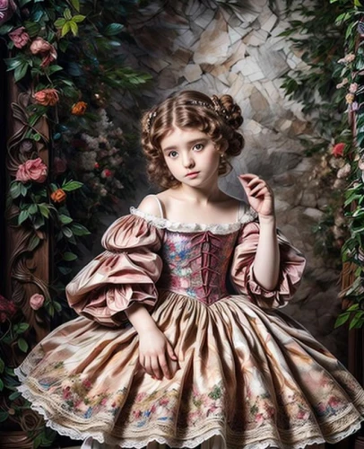 girl in the garden,painter doll,emile vernon,victorian lady,vintage doll,girl in flowers,girl in a wreath,little girl in pink dress,girl with tree,rococo,girl picking flowers,portrait of a girl,mystical portrait of a girl,female doll,child portrait,oil painting on canvas,oil painting,girl with cloth,artist doll,victorian style