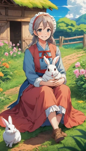 yuki nagato sos brigade,rabbit pulling carrot,easter banner,mountain cottontail,east-european shepherd,studio ghibli,dove eating out of your hand,domestic rabbit,audubon's cottontail,female hares,piko,farm background,rabbits,rabbit family,tea party cat,cat mom,child fox,yamada's rice fields,holding a coconut,country dress,Illustration,Japanese style,Japanese Style 03