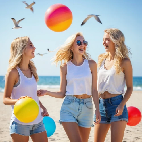 women friends,beach background,water balloons,rainbow color balloons,three friends,colorful balloons,beach ball,young women,virtuelles treffen,summer items,social,happy faces,cheerfulness,beautiful photo girls,friendly three,the festival of colors,summer feeling,kites,girl fun,beach sports,Conceptual Art,Fantasy,Fantasy 09