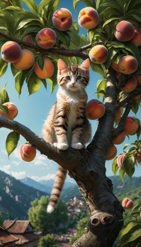 cats in tree,madagascar,fruit tree,mirabelle tree,apricots,peaches,peach tree,apple tree,apple mountain,apricot,almonds,collecting nut fruit,cart of apples,persimmon tree,almond tree,picking apple,tangerine tree,peaches in the basket,hanging cat,oranges,Conceptual Art,Fantasy,Fantasy 11