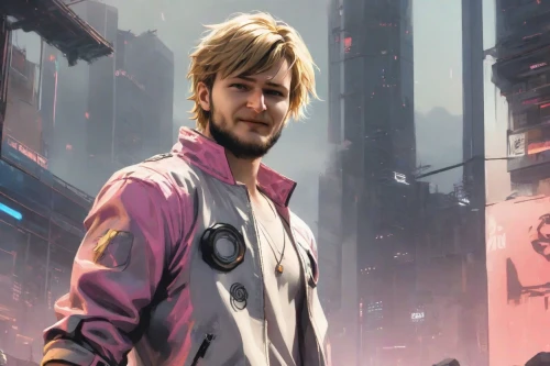 star-lord peter jason quill,felix,cg artwork,cyberpunk,man in pink,kojima,gosling,game art,luka,ganmodoki,concept art,pyro,gale,sci-fi,sci - fi,hk,zero,city ​​portrait,omega fog,male character,Digital Art,Anime