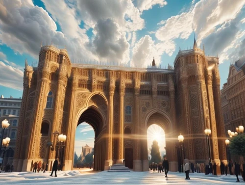 the hassan ii mosque,barcelona,arc de triomphe,city gate,triumphal arch,archway,3d fantasy,notre dame,hassan 2 mosque,gothic architecture,universal exhibition of paris,university al-azhar,el arco,gateway,beautiful buildings,arch,world heritage,half arch,gaudí,pointed arch