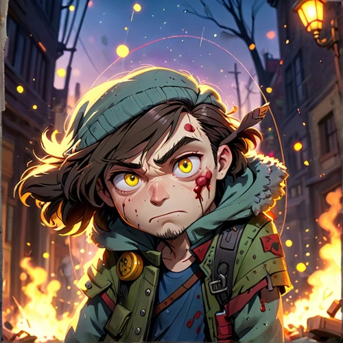 game illustration,cg artwork,fire background,angry man,kids illustration,detective conan,lost in war,fire artist,android game,nikko,exploding head,portrait background,parka,children of war,hero academy,kid hero,fire eyes,2d,renegade,game art,Anime,Anime,Cartoon