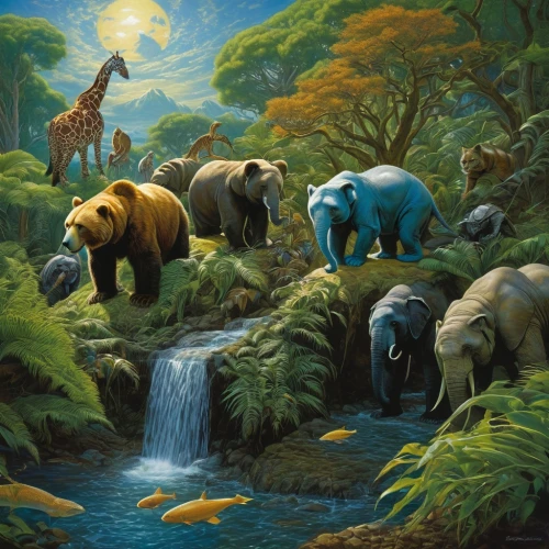 forest animals,elephants,animals hunting,hunting scene,tropical animals,elephant herd,safari,woodland animals,animal world,watering hole,deep zoo,wild animals crossing,blue elephant,animals,wildlife,serengeti,animal migration,mammals,cartoon elephants,the bears,Illustration,Realistic Fantasy,Realistic Fantasy 03