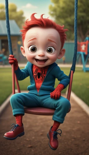 peter,syndrome,swinging,peter i,spider-man,spider man,spiderman,cute cartoon character,red super hero,spider,red-haired,spider bouncing,kid hero,empty swing,child in park,swing,webbing,hanging swing,cgi,child's frame,Illustration,Abstract Fantasy,Abstract Fantasy 06