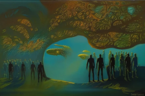 tree of life,psychedelic art,connectedness,consciousness,mirror of souls,panoramical,mother earth,self unity,other world,surrealism,migration,sci fiction illustration,inner space,people in nature,ego death,the people in the sea,alien planet,colorful tree of life,global oneness,world digital painting,Illustration,Realistic Fantasy,Realistic Fantasy 03