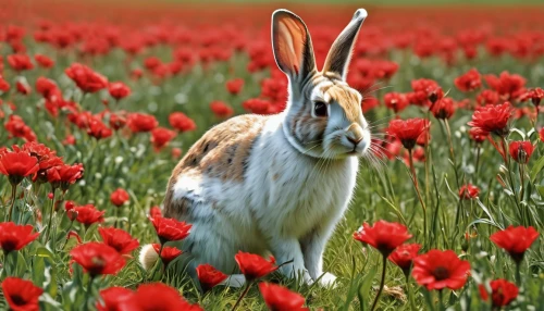 bunny on flower,european rabbit,field hare,hare field,wild rabbit in clover field,lepus europaeus,tulip field,steppe hare,tulip background,european brown hare,tulips field,dwarf rabbit,hare,red tulips,field of poppies,wild tulips,leveret,american snapshot'hare,wild hare,wild rabbit,Photography,General,Realistic