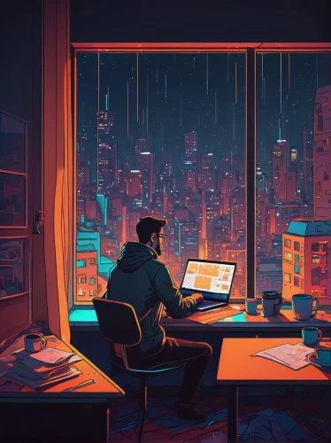 cyberpunk,man with a computer,digital nomads,working space,modern office,computer addiction,night administrator,study room,computer room,workspace,sci fiction illustration,freelancer,remote work,cityscape,desk,evening city,desk top,evening atmosphere,desktop,computer,Illustration,Vector,Vector 06