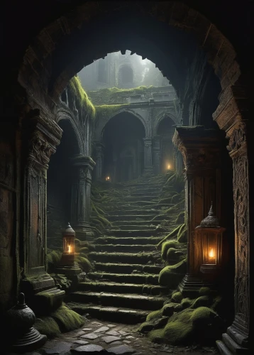 dungeon,hall of the fallen,ancient house,the threshold of the house,ancient city,mausoleum ruins,stone stairway,dungeons,crypt,catacombs,ruins,stone stairs,ruin,threshold,chamber,witch's house,sepulchre,ancient,staircase,ancient buildings,Conceptual Art,Sci-Fi,Sci-Fi 25