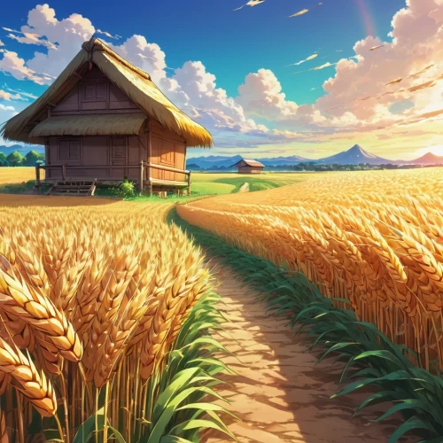 wheat field,wheat fields,farm background,grain field,wheat crops,farm landscape,field of cereals,cornfield,corn field,rural landscape,landscape background,yamada's rice fields,straw field,barley field,ricefield,agricultural,grain field panorama,rice field,bed in the cornfield,strand of wheat,Illustration,Japanese style,Japanese Style 03