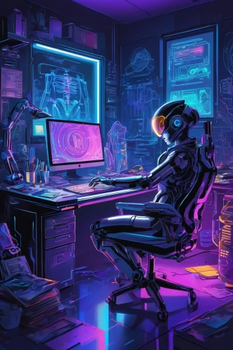 computer room,cyberpunk,computer,man with a computer,computer addiction,cyberspace,computer freak,cyber,girl at the computer,computer desk,computer art,night administrator,computer workstation,computer game,ufo interior,computer games,study room,trip computer,desk,working space,Conceptual Art,Oil color,Oil Color 24