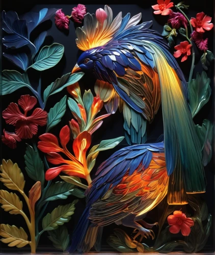 phoenix rooster,an ornamental bird,bird of paradise,ornamental bird,colorful birds,flower and bird illustration,glass painting,bird painting,flower bird of paradise,peacock,blue and gold macaw,rosella,floral and bird frame,feathers bird,fairy peacock,macaw hyacinth,quetzal,splendens,painted dragon,bird-of-paradise,Photography,Artistic Photography,Artistic Photography 02