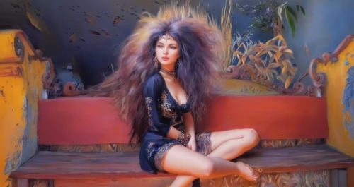 oriental longhair,majorelle blue,gypsy hair,fantasy art,fantasy woman,cave girl,photo painting,asian semi-longhair,fantasy portrait,woman sitting,fantasy picture,world digital painting,oil painting,the enchantress,voodoo woman,art painting,tura satana,bouffant,shamanic,italian painter,Illustration,Paper based,Paper Based 04