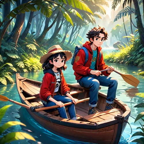 canoeing,monkey island,sea scouts,lilo,raft,adventure,river pines,travelers,studio ghibli,scouts,perched on a log,fishing float,kids illustration,raft guide,canoes,island residents,boat rapids,boat ride,picnic boat,voyage,Anime,Anime,Cartoon