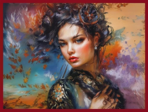 oil painting on canvas,oil painting,art painting,autumn icon,italian painter,romantic portrait,boho art,fantasy portrait,girl in a wreath,photo painting,flower painting,painting technique,watercolor women accessory,autumn frame,autumn leaves,mystical portrait of a girl,autumn landscape,flora,fantasy art,autumn background,Illustration,Paper based,Paper Based 04