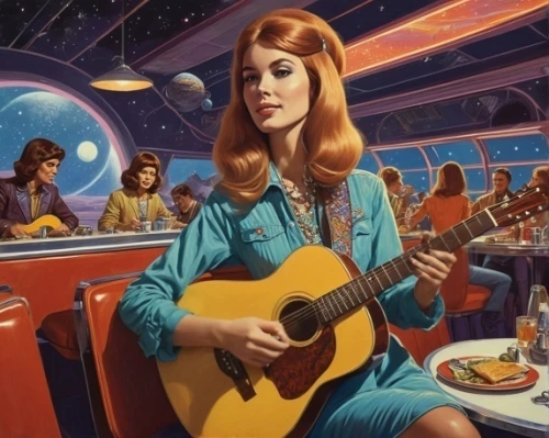 satellite express,starship,lost in space,ann margarett-hollywood,space tourism,space voyage,guitar player,60s,stewardess,retro woman,the girl at the station,space travel,retro women,sci fiction illustration,70s,andromeda,retro diner,space craft,passengers,galaxy express