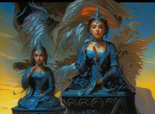 fantasy art,gothic portrait,fantasy picture,blue enchantress,two girls,mother and daughter,orientalism,angel and devil,angels of the apocalypse,khokhloma painting,capricorn mother and child,indian art,mystery book cover,game illustration,heroic fantasy,tantra,fantasy portrait,angels,priestess,background image,Illustration,Realistic Fantasy,Realistic Fantasy 03