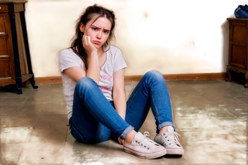 photo session in torn clothes,girl sitting,depressed woman,drug rehabilitation,woman sitting,portrait background,holding shoes,girl in a long,jeans background,teen,anxiety disorder,worried girl,girl in t-shirt,female model,sad woman,image editing,portrait of a girl,lily-rose melody depp,young woman,stressed woman,Conceptual Art,Fantasy,Fantasy 31