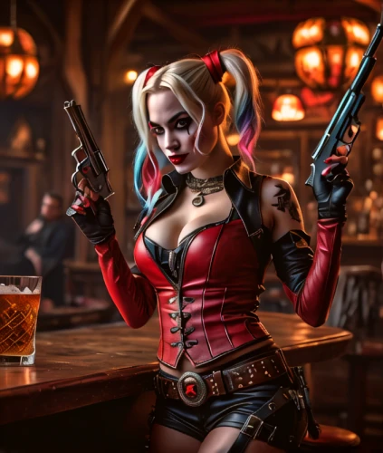 barmaid,harley quinn,harley,bartender,pub,unique bar,bar,girl with gun,jägermeister,draft beer,have a drink,girl with a gun,bad girl,liquor bar,drink icons,barman,female alcoholism,drinking establishment,femme fatale,steampunk,Photography,General,Fantasy