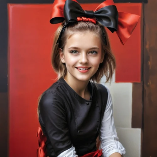 red bow,minnie mouse,holiday bow,satin bow,social,lily-rose melody depp,christmas bow,minnie,children's christmas photo shoot,bow-tie,cheerleading uniform,children's photo shoot,bow tie,portrait of a girl,girl portrait,christmas pictures,red ribbon,magazine cover,child portrait,adorable,Conceptual Art,Fantasy,Fantasy 04